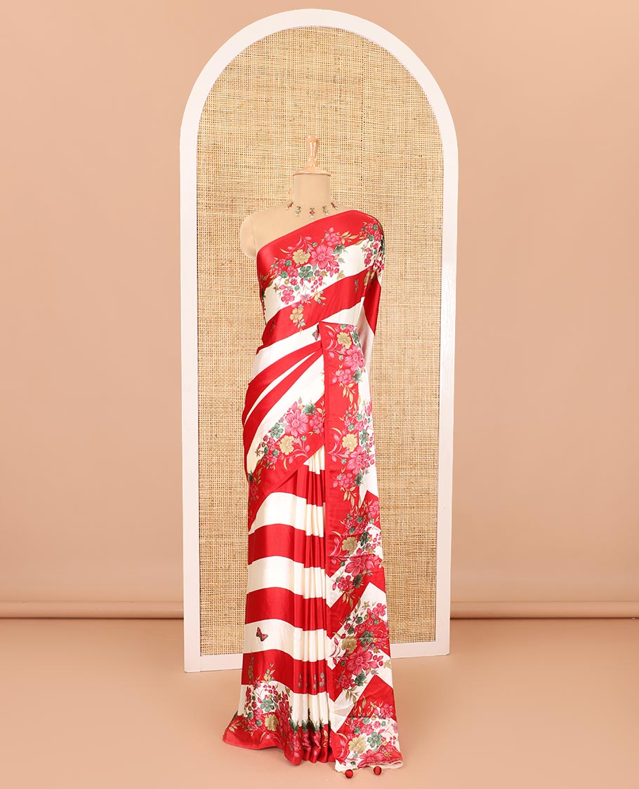 Borderless red horizontal stripes, and flora-butterflies printed satin crepe saree, self-pallu of floral, butterflies and bird print, and printed pallu