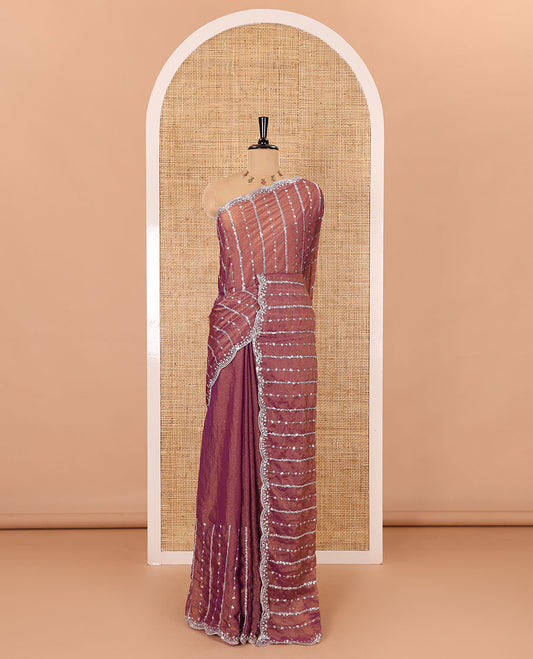 Pink vertical stripes embroidered shimmer chiffon saree, scallop embroidered border, embroidered pallu, and fancy embroidered matching blouse
