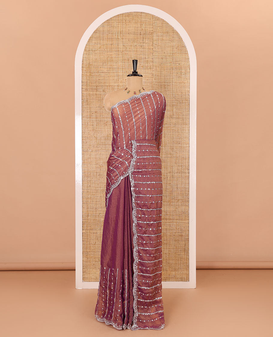 Pink vertical stripes embroidered shimmer chiffon saree, scallop embroidered border, embroidered pallu, and fancy embroidered matching blouse