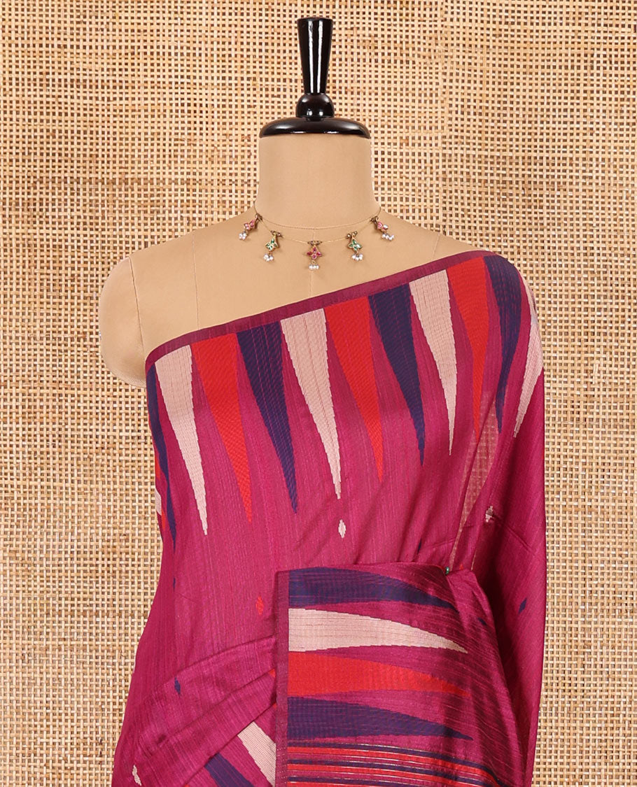 Rani pink thread buttas woven jute cotton saree, multi-color temple border, striped pallu, and a matching striped blouse