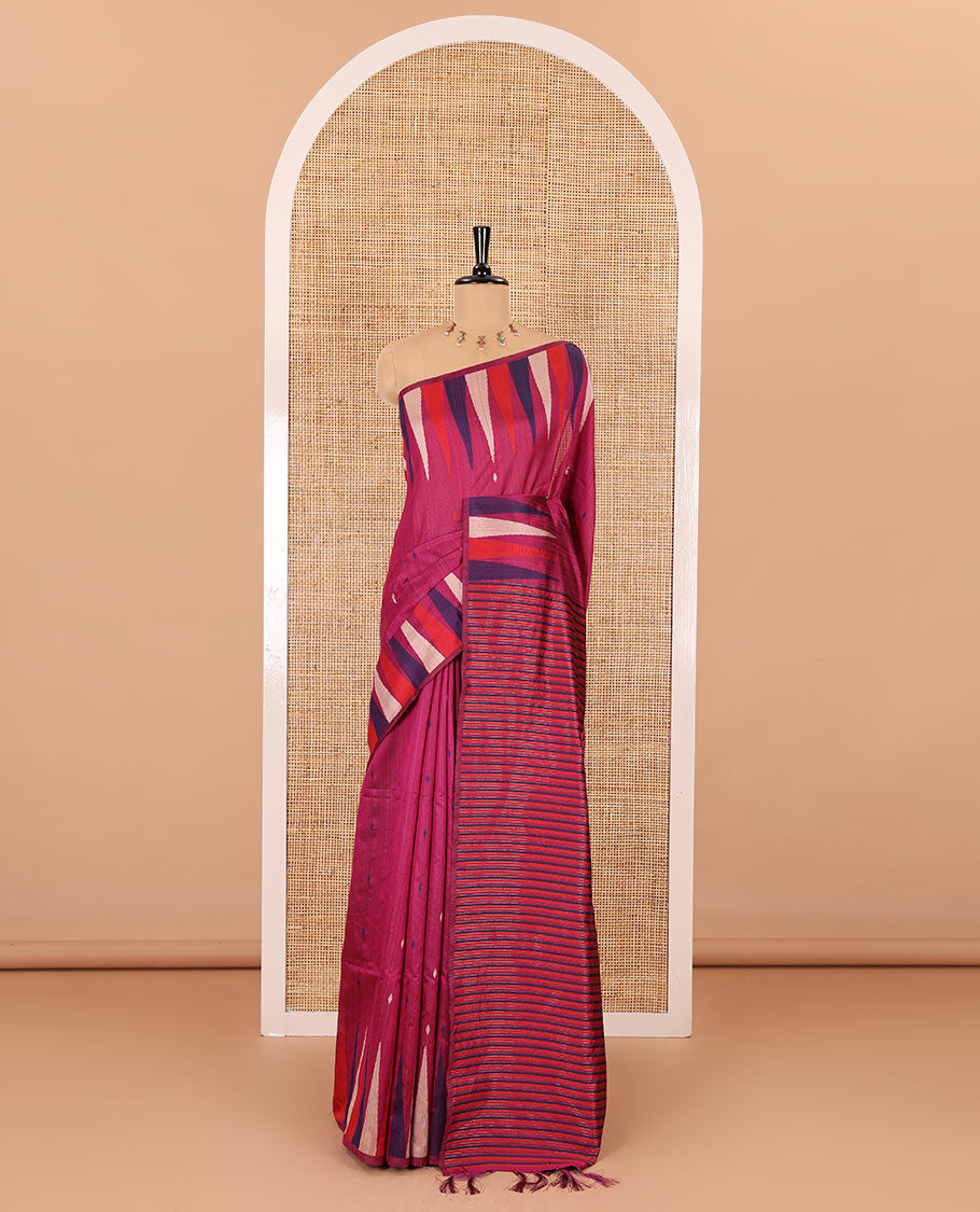 Rani pink thread buttas woven jute cotton saree, multi-color temple border, striped pallu, and a matching striped blouse