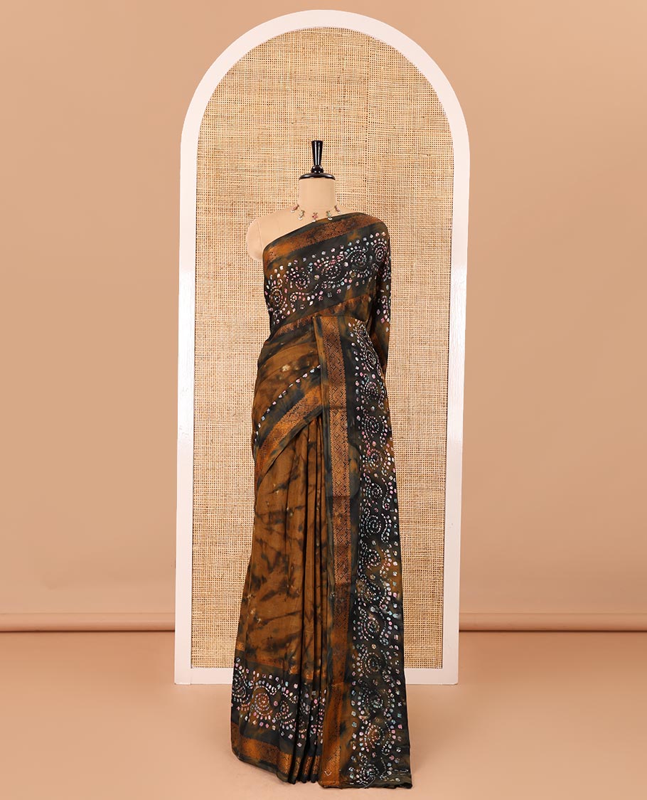 Mehendi shibori printed pure cotton saree, double side batik printed with traditional motifs border, floral printed pallu, and a shibori printed blouse