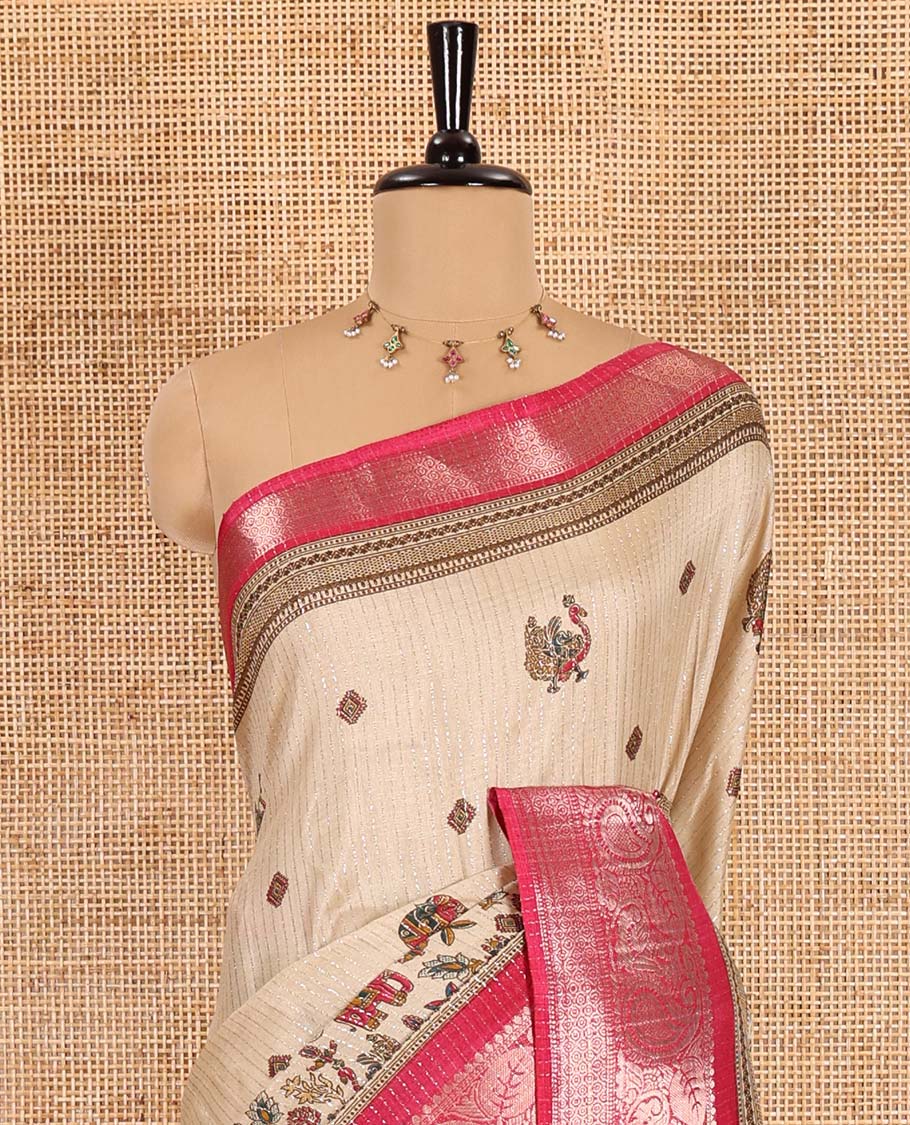 Chikku-pink vertical striped, and animal motifs printed dola silk saree, contrast manga motifs zari border, animal motifs printed pallu, and a contrast printed blouse