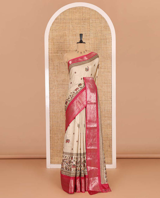 Chikku-pink vertical striped, and animal motifs printed dola silk saree, contrast manga motifs zari border, animal motifs printed pallu, and a contrast printed blouse
