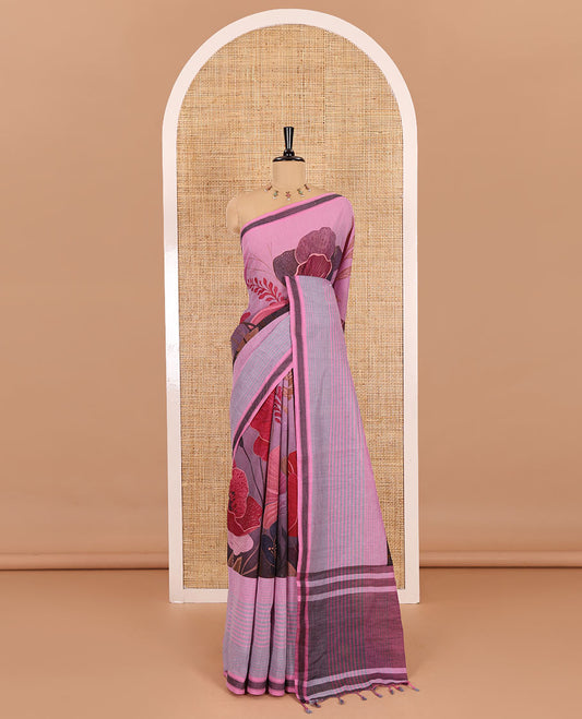 Pink stripes, and tropical floral printed Mangalgiri cotton saree, traditional thread border, striped pallu, and a matching blouse