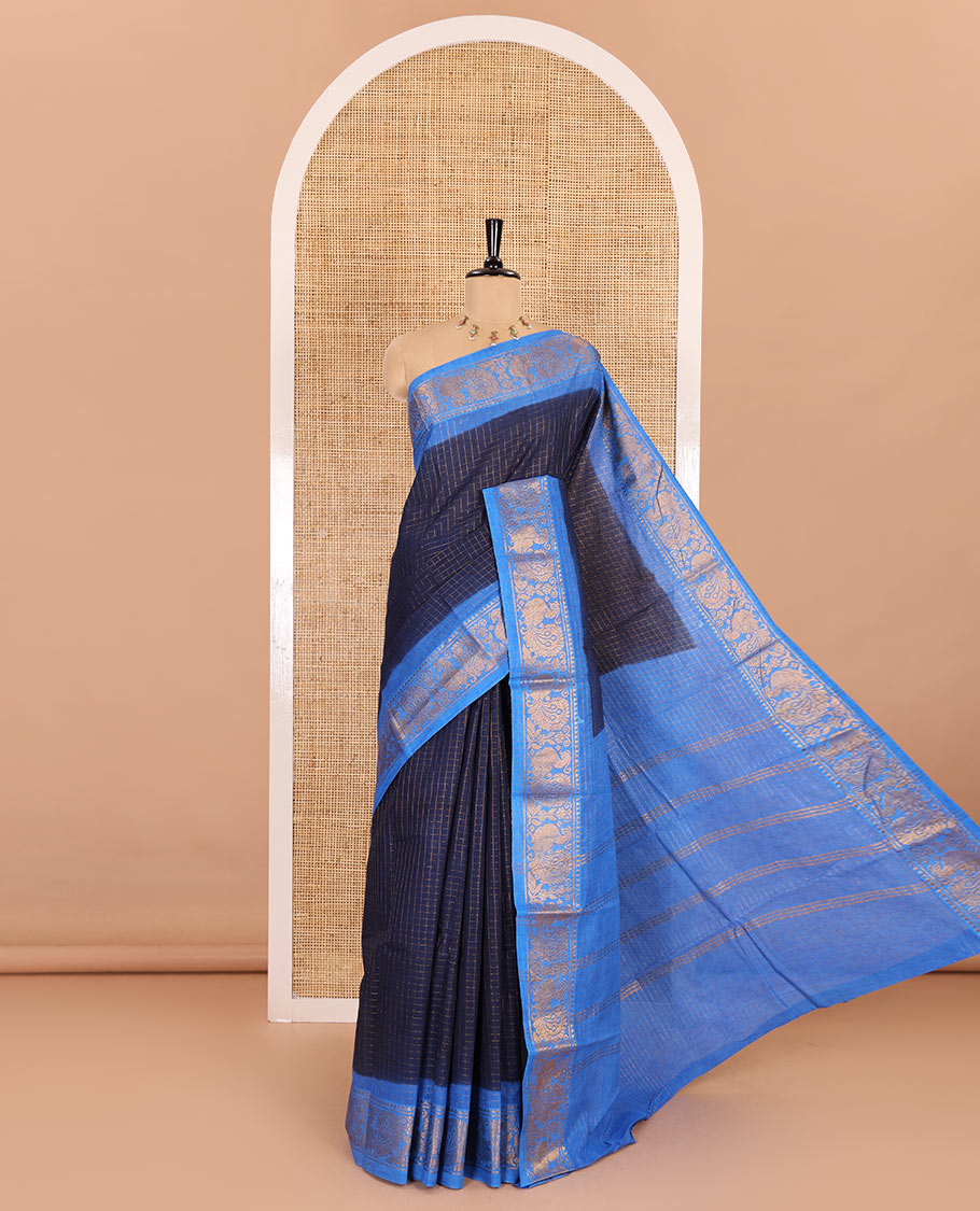 Navy blue-blue zari checked sungudi cotton saree, contrast zari border of peacock motifs, zari striped border, and a contrast blouse
