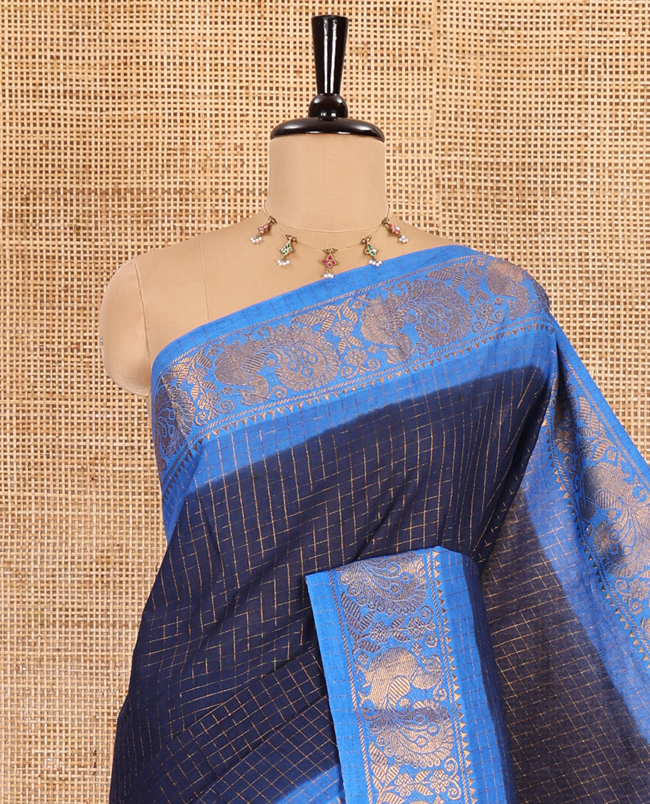 Navy blue-blue zari checked sungudi cotton saree, contrast zari border of peacock motifs, zari striped border, and a contrast blouse