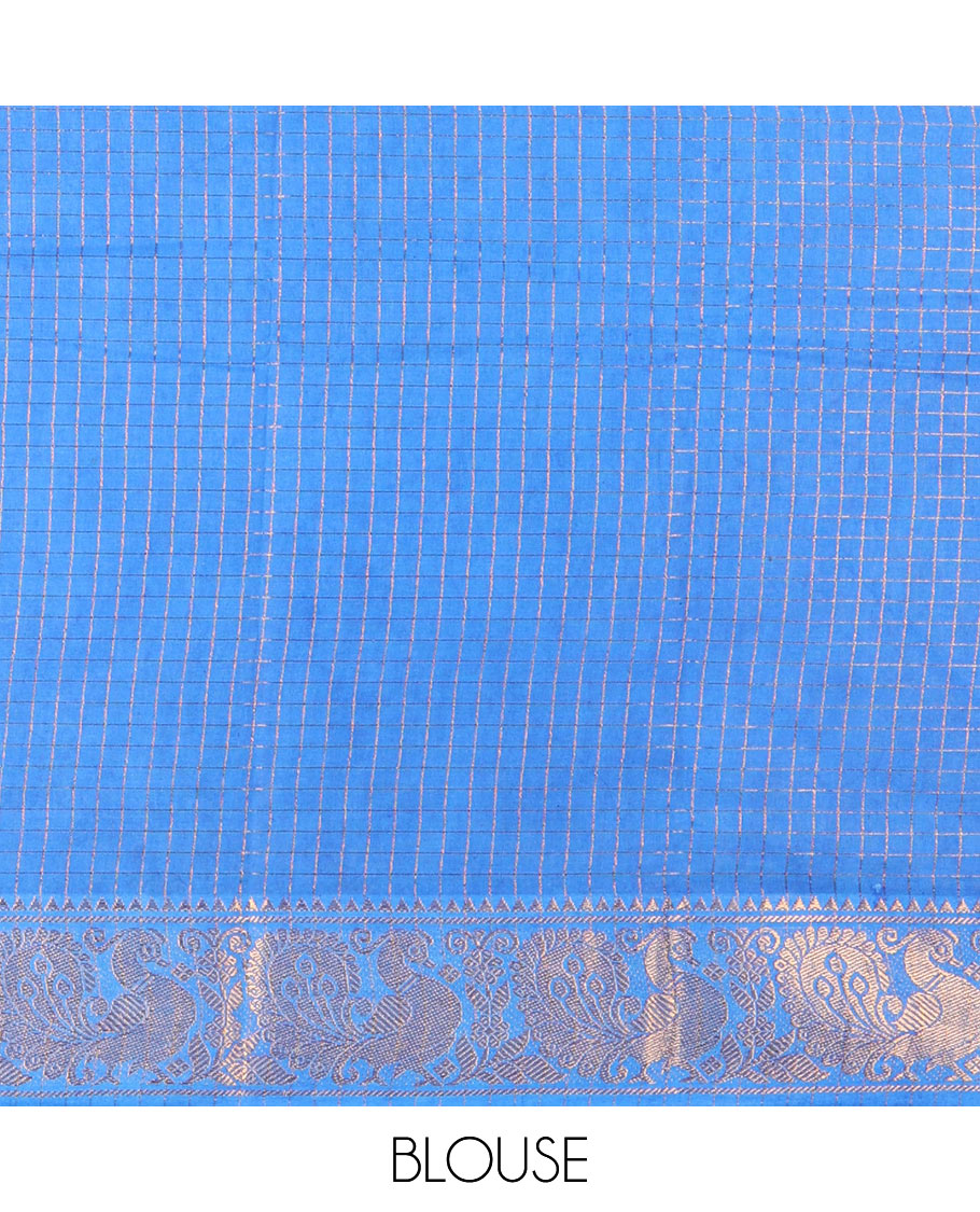 Navy blue-blue zari checked sungudi cotton saree, contrast zari border of peacock motifs, zari striped border, and a contrast blouse
