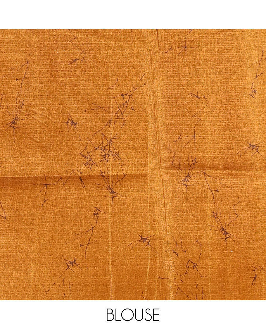 Borderless mustard batik-style abstract printed art khadi cotton saree, batik-style abstract printed pallu and contrast batik printed blouse