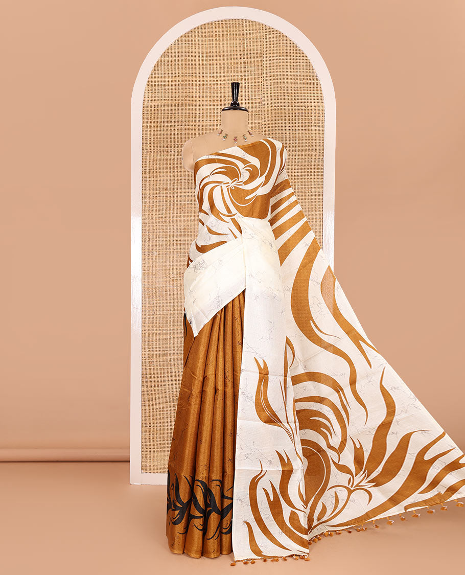 Borderless mustard batik-style abstract printed art khadi cotton saree, batik-style abstract printed pallu and contrast batik printed blouse