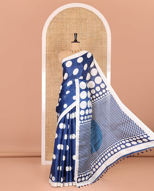 Borderless cream-royal blue polka dots printed art khadi cotton saree, pallu of big and small coin-size polka dots print, and a small dots printed blouse