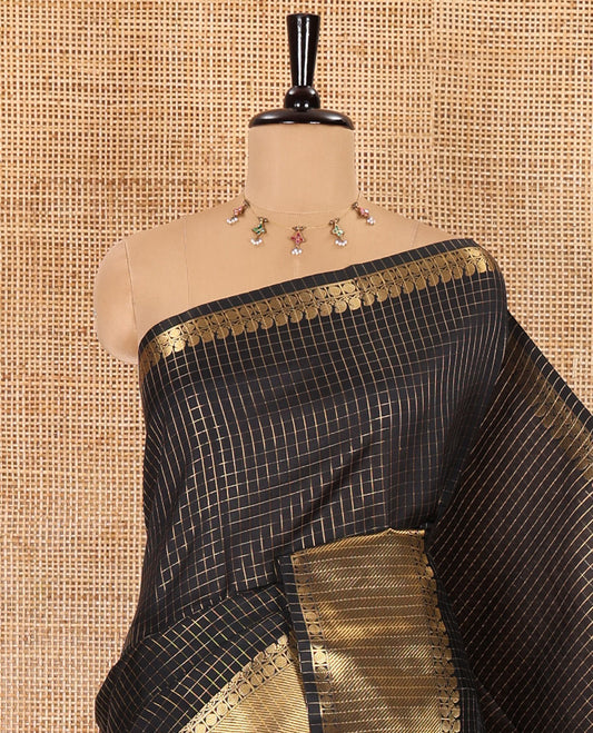 Black zari checked semi-katan silk saree, traditional zari border, zari-rich pallu, and a matching blouse