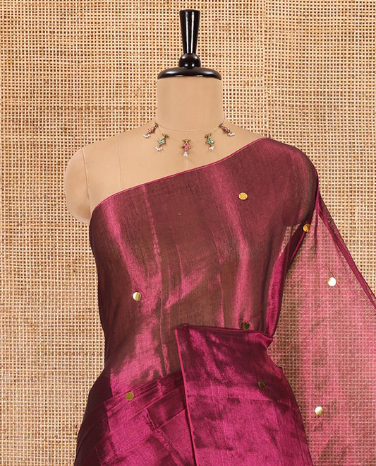 Borderless purple mirror work khadi tissue saree, mirror work pallu, and a matching blouse