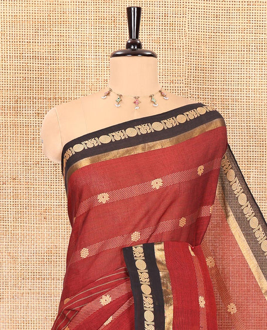 Maroon horizontal stripes and velthari thread butta design chettinad cotton saree , contrast peacock , rudraksham border and lining chit pallu