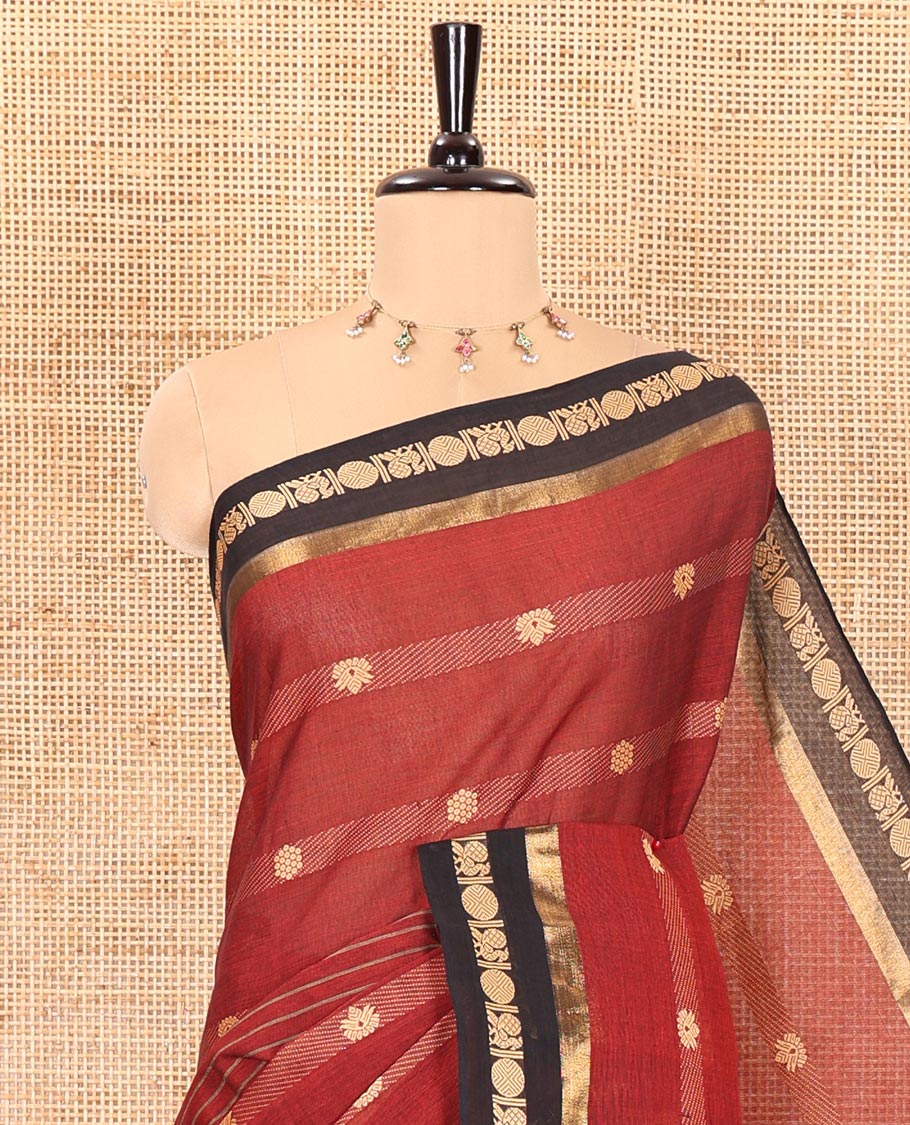 Maroon horizontal stripes and velthari thread butta design chettinad cotton saree , contrast peacock , rudraksham border and lining chit pallu