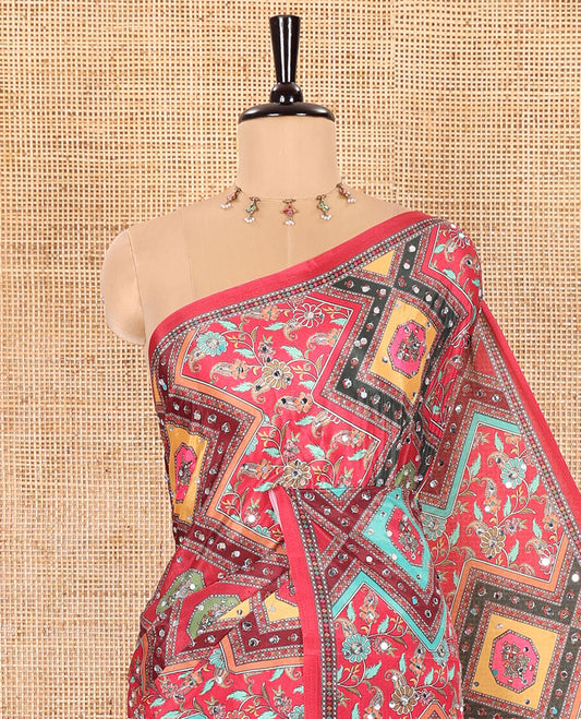 Rani Masakali Saree Featuring Floral and Geometric Motifs Print and Mirror Work, Self-Printed Border, Pallu Elevated with Colorful Mughal-Inspired Motifs Print, and a Matching Printed Blouse