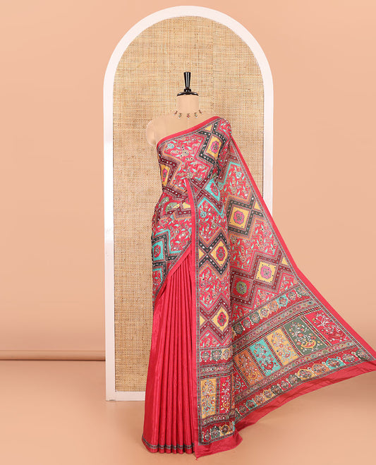 Rani Masakali Saree Featuring Floral and Geometric Motifs Print and Mirror Work, Self-Printed Border, Pallu Elevated with Colorful Mughal-Inspired Motifs Print, and a Matching Printed Blouse