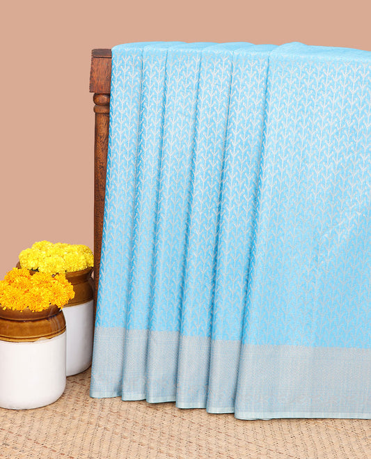Light blue silver zari weaving silk cotton saree with self border & contrast pallu along with plain blouse