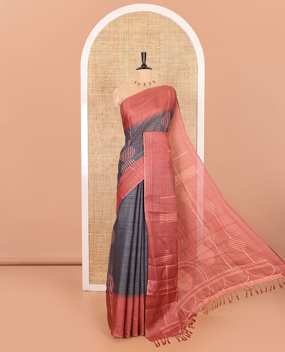 Grey Linen Saree Elegantly Printed with Geometric Patterns Across Its Body, Featuring a Captivating Contrast Border, Pallu Decked Up with Geometric Print, and Paired with a Contrast Blouse