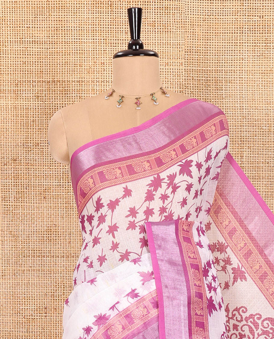 White and Pink Linen Cotton Saree Featuring Field Maple Leaf Motifs Printed All Over the Body, Complemented by a Contrast Zari and Peacock-Printed Border, Pallu of Geometric Print, and Paired with a Contrast Checked Blouse