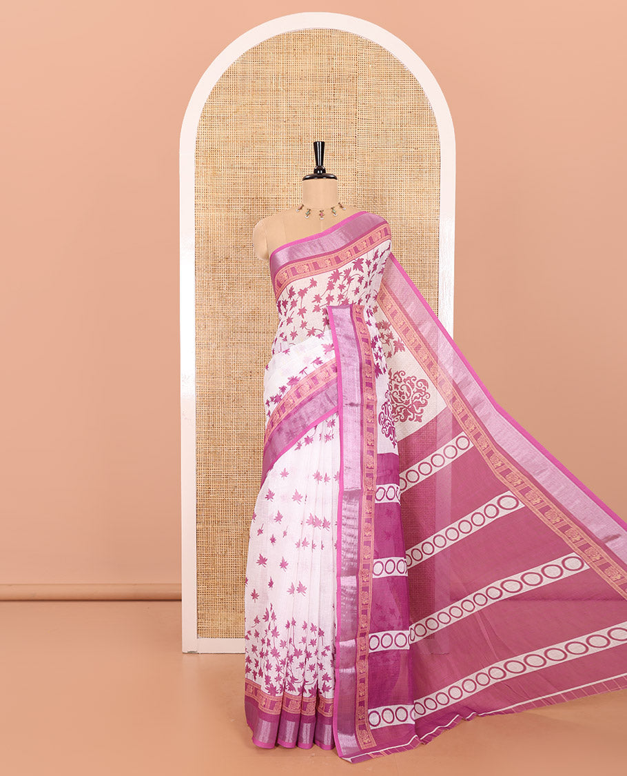 White and Pink Linen Cotton Saree Featuring Field Maple Leaf Motifs Printed All Over the Body, Complemented by a Contrast Zari and Peacock-Printed Border, Pallu of Geometric Print, and Paired with a Contrast Checked Blouse