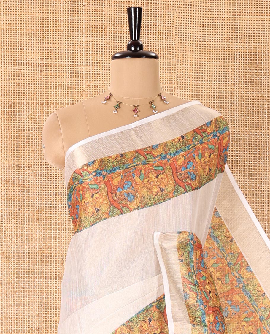 Cream Plain Tissue Saree Mesmerized with Contrasting Kerala Mural Painting-Style Lord Krishna and Gopis Printed Border, Painting-Style Printed Pallu, and a Contrast Plain Blouse