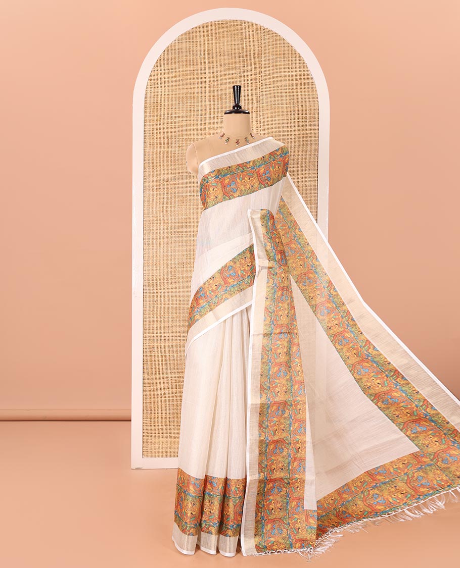 Cream Plain Tissue Saree Mesmerized with Contrasting Kerala Mural Painting-Style Lord Krishna and Gopis Printed Border, Painting-Style Printed Pallu, and a Contrast Plain Blouse