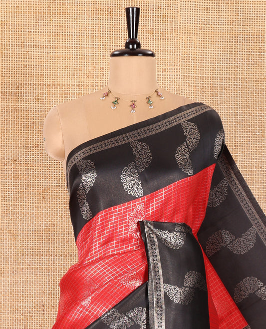 Red Kanchi Silk Saree Adorned with Zari Checks and Zari Buttas All Over Its Body, Complemented by Contrast Border of Geometric Zari Designs, Zari Elevated Pallu of Intricate Patterns, and Paired with a Contrast Blouse
