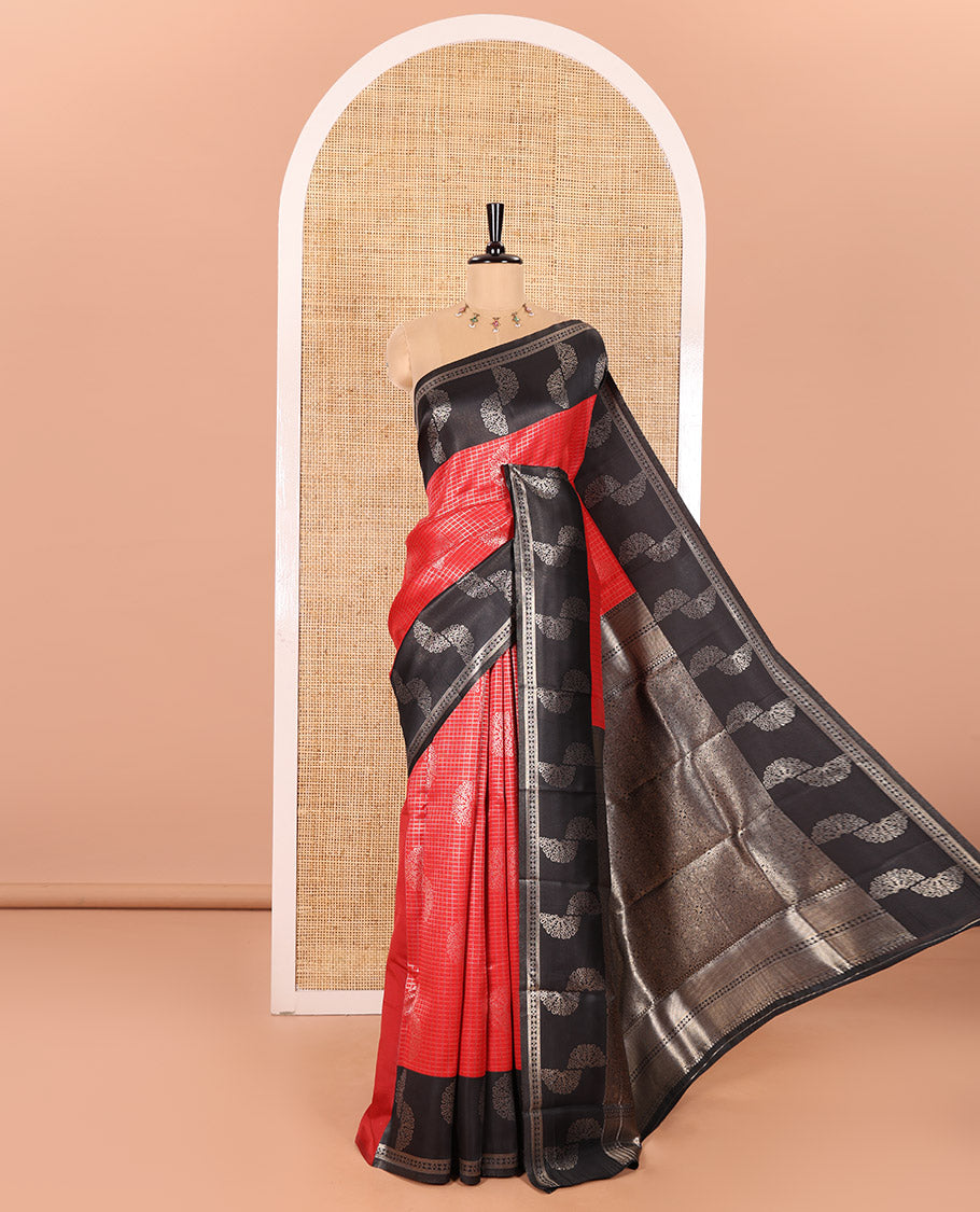 Red Kanchi Silk Saree Adorned with Zari Checks and Zari Buttas All Over Its Body, Complemented by Contrast Border of Geometric Zari Designs, Zari Elevated Pallu of Intricate Patterns, and Paired with a Contrast Blouse