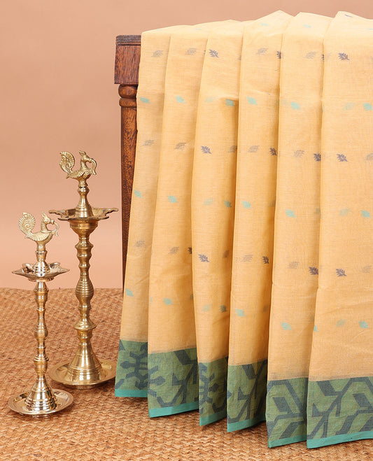 Chikku color thread buttas bengal cotton saree with resham border & chit pallu along with  linen digital shafread blouse