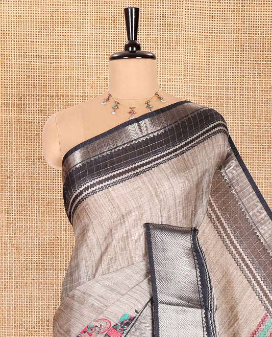 Grey and Black Dola Silk Saree Subtly Designed with Checks and Elephant Motifs Print, Complemented by a Contrast Traditional Zari Design Border, Pallu Depicting Elephant Motifs Print, and Paired with a Contrast Blouse