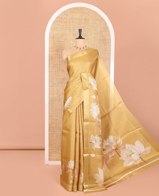 Mustard Semi Tussar Featuring Micro-Checks and Elegant Lotus Prints All Over Its Body, a Subtle Border, Pallu Mirrors Lotus Motifs, and Comes with a Matching Blouse