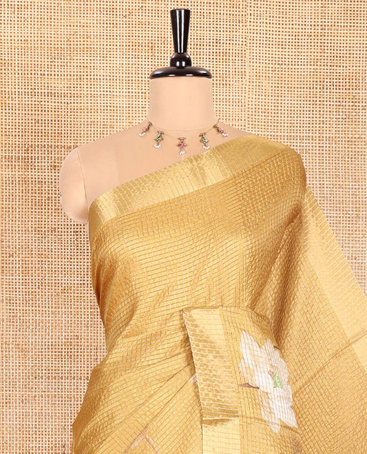 Mustard Semi Tussar Featuring Micro-Checks and Elegant Lotus Prints All Over Its Body, a Subtle Border, Pallu Mirrors Lotus Motifs, and Comes with a Matching Blouse