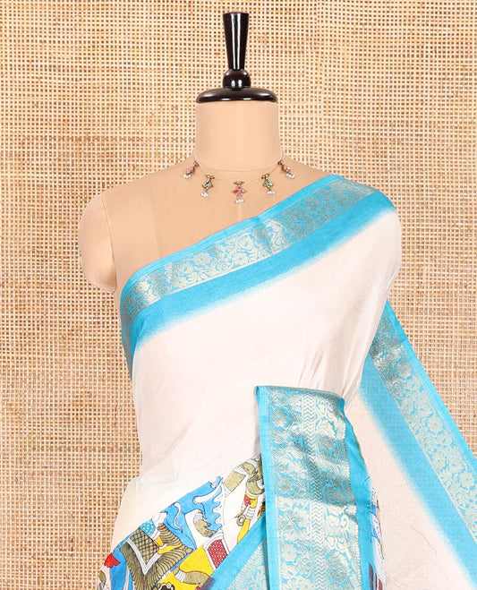 Off-White and Blue Dola Silk Saree Featuring Kalamkari-Style Ancient God and Goddess Figurines Prints, Complemented by a Contrast Border of Floral Designs, Kalamkari Printed Pallu, and Paired with a Contrast Blouse