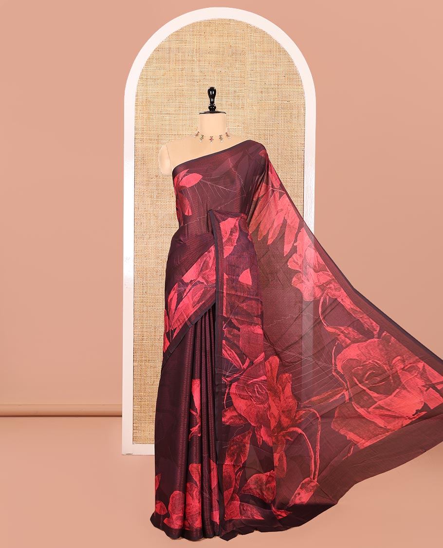 Borderless Maroon Shimmer Chiffon Saree, Artfully Printed with Abstract-Style Floral Print All Over Its Body,  Pallu Mirrors the Same Print, and Paired with a Matching Blouse