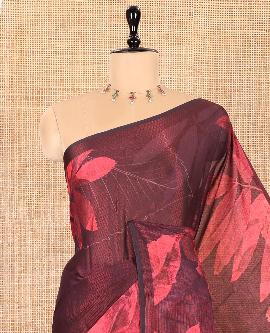 Borderless Maroon Shimmer Chiffon Saree, Artfully Printed with Abstract-Style Floral Print All Over Its Body,  Pallu Mirrors the Same Print, and Paired with a Matching Blouse
