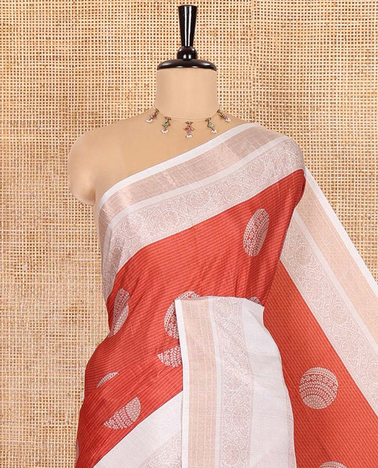 Orange Katan Silk Saree Bedecked with Stripes and Round Buttas on Its Body, Complemented by a Contrast Border of Floral Creeper Designs, Geometric Patterned Pallu, and Paired with a Contrast Blouse