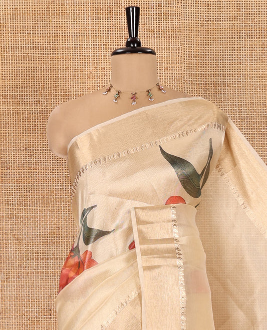 Gold Tissue Saree, Artfully Printed with Floral Motifs Print All Over Its Body, Subtle Zari Border, Pallu Depicts Floral Print, and Paired with a Matching Printed Blouse