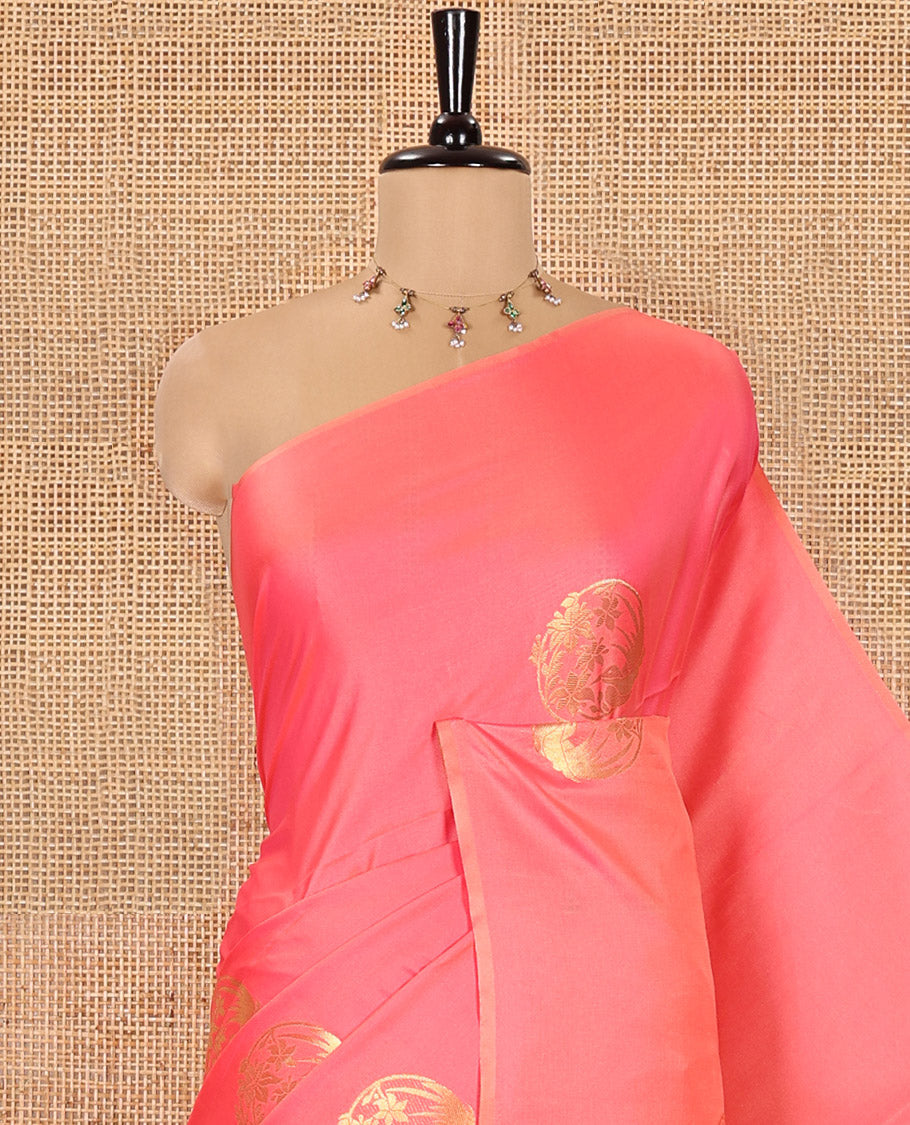 Borderless Pink Semi-Soft Silk Saree Woven with Bird-Floral Buttas All Over Its Body, Complemented by a Contrast Intricately Designed Pallu, and Paired with a Contrast Plain Blouse