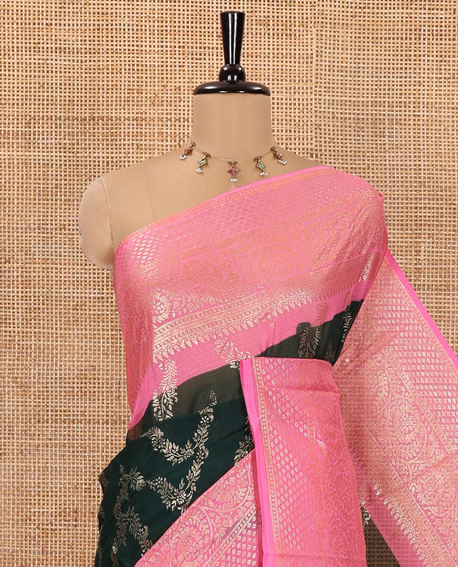 Green Chiffon Saree, Highlighted with Floral Jaal Foil Prints All Over Its Body, Complemented by a Contrast Traditional Motifs Foil Printed Border, Pallu Steeped with Diagonal Stripes, and Paired with a Contrast Blouse