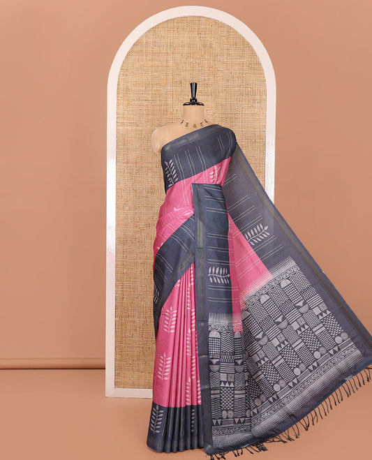 Pink Manipuri Silk Saree, Bedecked with Stripes and Leaf Buttas All Over Its Body, a Self-Subtle Border, Pallu Features Geometric Print, and Paired with a Matching Blouse