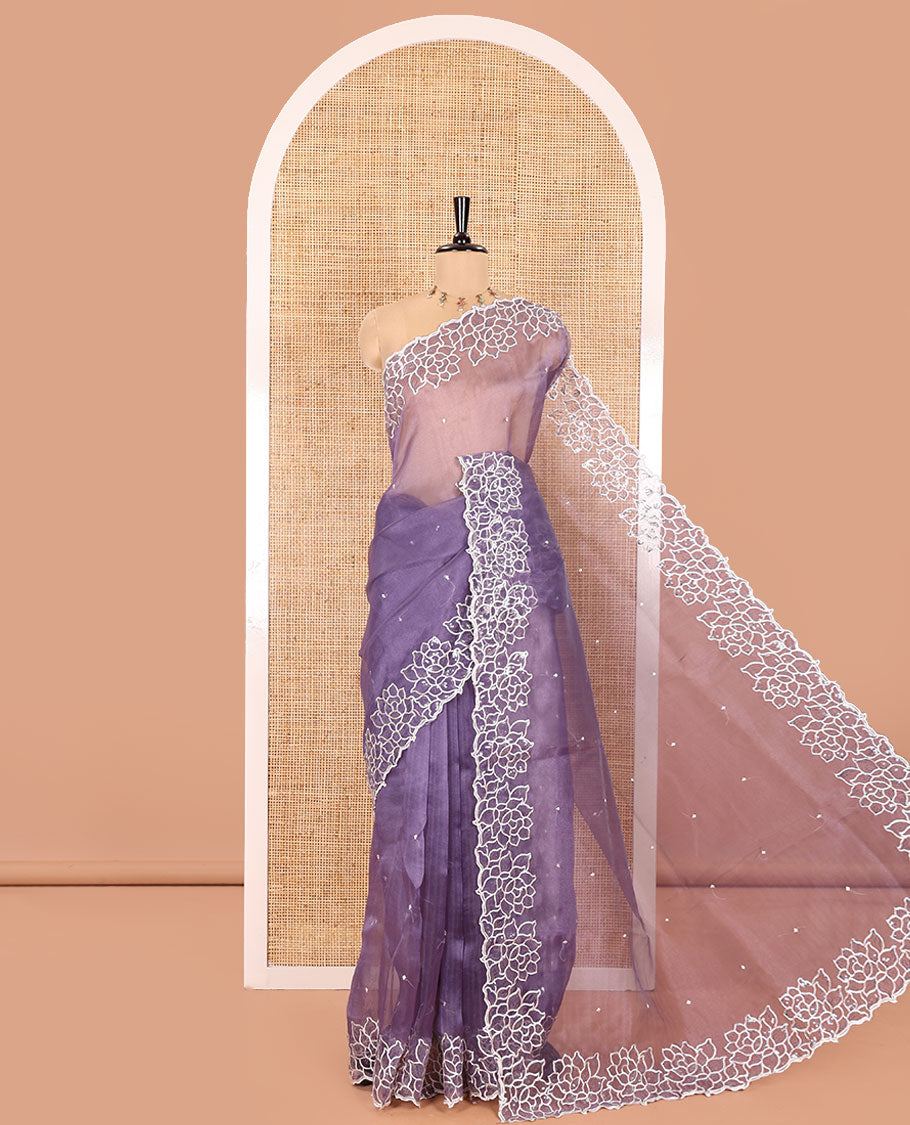 Lavender Organza Saree, Subtly Sparkled with Embroidered Buttas Across Its Body, Highlighted by a Scallop Floral Thread Embroidered Border, a Self-Pallu, and Paired with a Matching Blouse