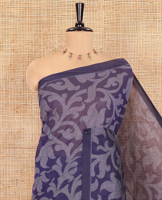 Borderless Violet Coimbatore Cotton Saree, Subtly Printed with Floral Vine on Its Body, Self-Pallu Features Paisleys and Geometric Designs, and Paired with a Matching Blouse