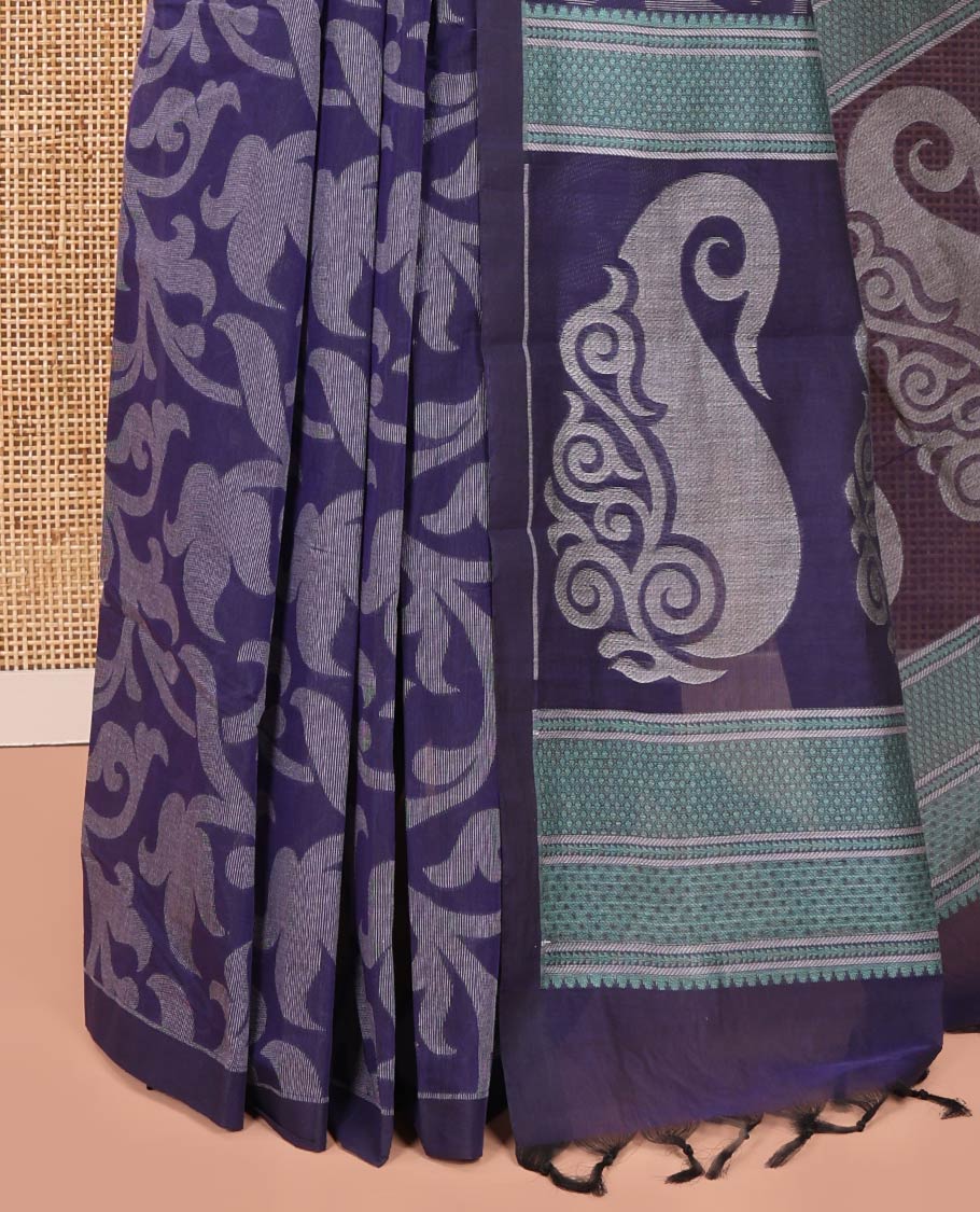 Borderless Violet Coimbatore Cotton Saree, Subtly Printed with Floral Vine on Its Body, Self-Pallu Features Paisleys and Geometric Designs, and Paired with a Matching Blouse