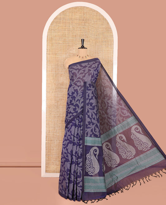Borderless Violet Coimbatore Cotton Saree, Subtly Printed with Floral Vine on Its Body, Self-Pallu Features Paisleys and Geometric Designs, and Paired with a Matching Blouse