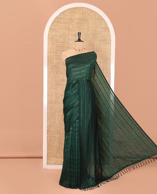 Borderless Dark Green Vichitra Silk Saree, Decorated with Horizontal Stripes and Sequin Stripes, Paired with a Matching Blouse