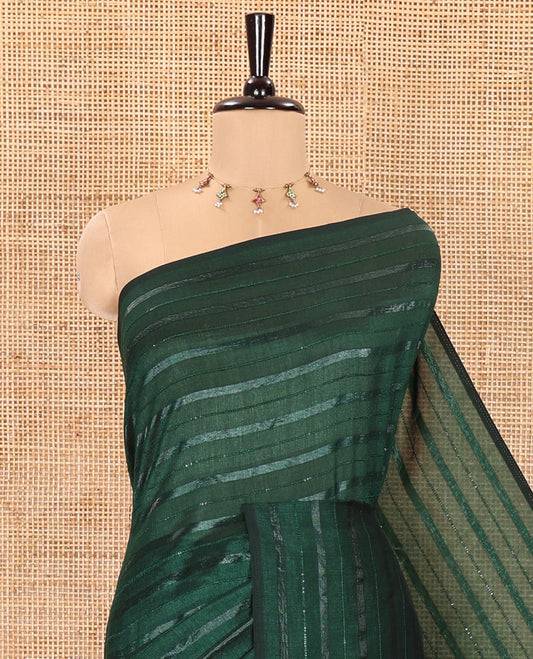 Borderless Dark Green Vichitra Silk Saree, Decorated with Horizontal Stripes and Sequin Stripes, Paired with a Matching Blouse