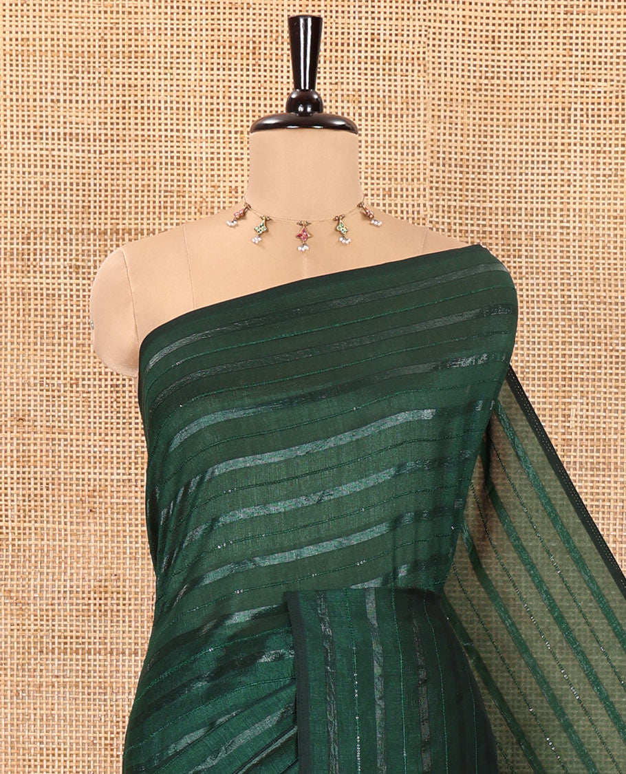 Borderless Dark Green Vichitra Silk Saree, Decorated with Horizontal Stripes and Sequin Stripes, Paired with a Matching Blouse