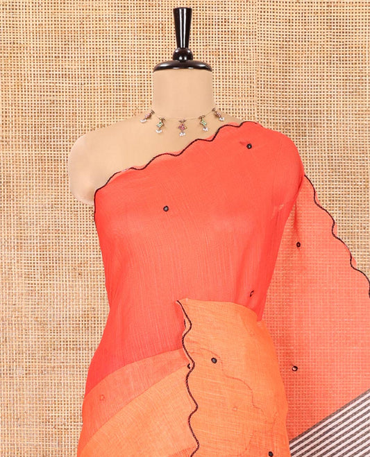 Red-Orange Linen Cotton Saree, Bedecked with Ombre-Style Dyed with Mirror Work Across Its Body, Subtly Sparkled Scallop Thread Border, Pallu Steeped with Stripes and Mirror Work, and Paired with a Contrast Vertical Stripes Printed Blouse