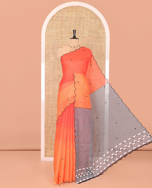 Red-Orange Linen Cotton Saree, Bedecked with Ombre-Style Dyed with Mirror Work Across Its Body, Subtly Sparkled Scallop Thread Border, Pallu Steeped with Stripes and Mirror Work, and Paired with a Contrast Vertical Stripes Printed Blouse